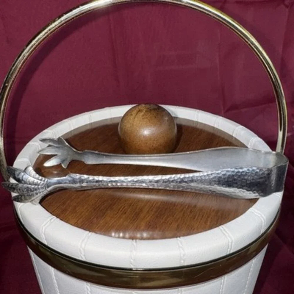 MCM Kraftware White leather ice Bucket W/tongs : Vintage Barware NYC.